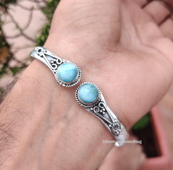 Handmade Larimar Gemstone Bangle: 925 Sterling Silver Adjustable Jewelry