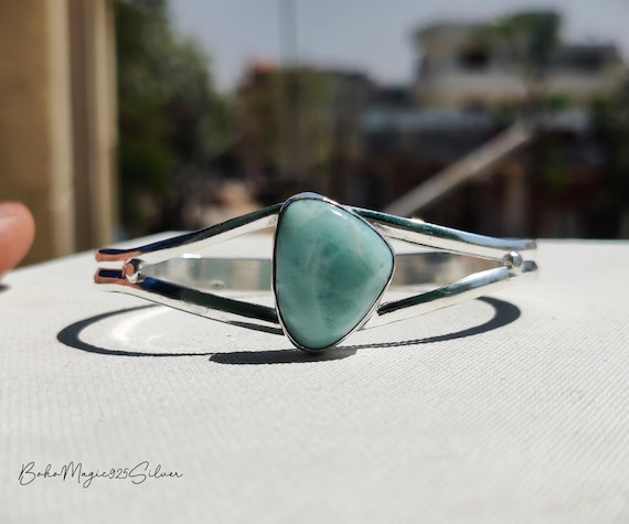 Handmade Larimar Gemstone Bangle: Adjustable 925 Sterling Silver Jewelry Handmade Larimar Gemstone Bangle: Adjustable 925 Sterling Silver Jewelry