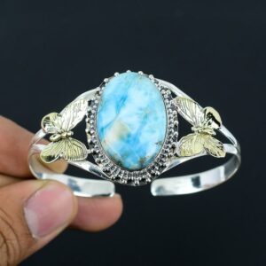 Handmade Larimar Gemstone Cuff Bracelet: Butterfly Bangle, Sterling Silver & 18k Gold