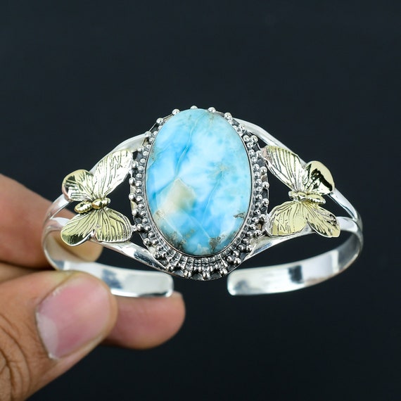 Handmade Larimar Gemstone Cuff Bracelet: Butterfly Bangle, Sterling Silver & 18k Gold Handmade Larimar Gemstone Cuff Bracelet: Butterfly Bangle, Sterling Silver & 18k Gold