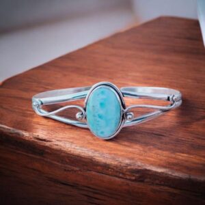 Handmade Oval Larimar Bangle: Adjustable Sterling Silver Cuff