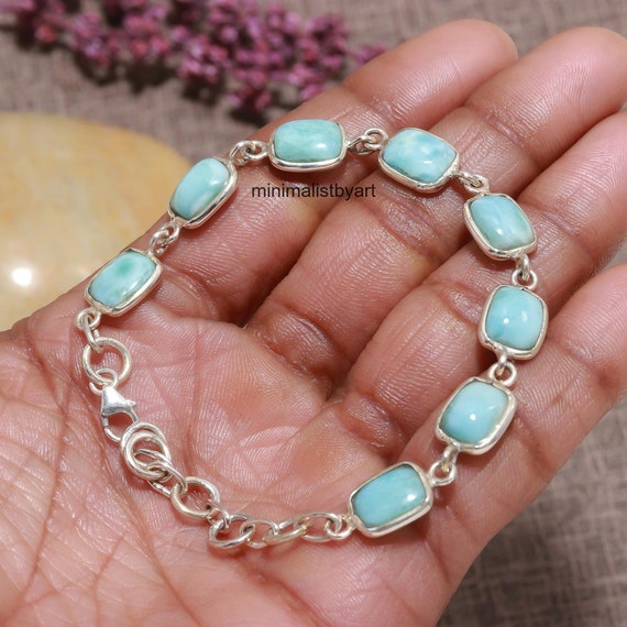 Handmade Larimar Bracelet: Rectangle Blue Gemstone, Sterling Silver
