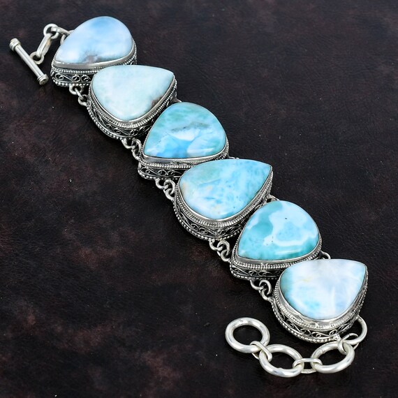 Handmade Larimar Bracelet: Vintage 925 Sterling Silver Adjustable Chain