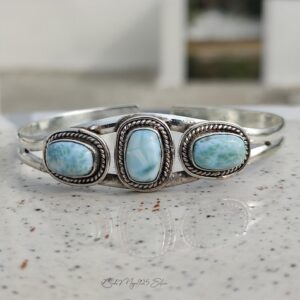 Larimar Multi Gemstone Bangle, Handmade 925 Silver Women Jewelry, Adjustable Cuff Bracelet
