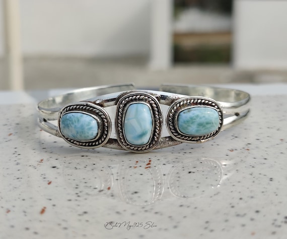 Larimar Multi Gemstone Bangle, Handmade 925 Silver Women Jewelry, Adjustable Cuff Bracelet Larimar Multi Gemstone Bangle, Handmade 925 Silver Women Jewelry, Adjustable Cuff Bracelet