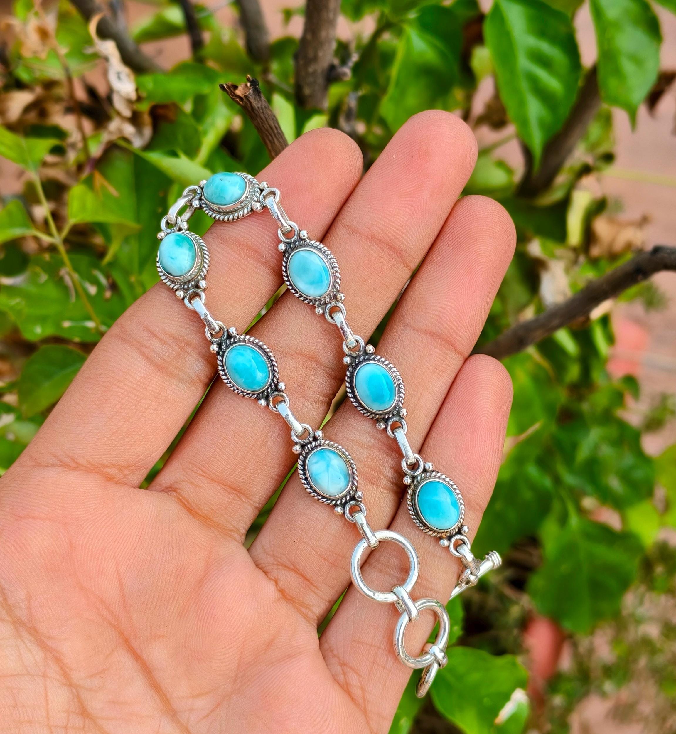 Natural Larimar Bracelet, 925 Sterling Silver, Designer Bracelet, Handmade Jewelry