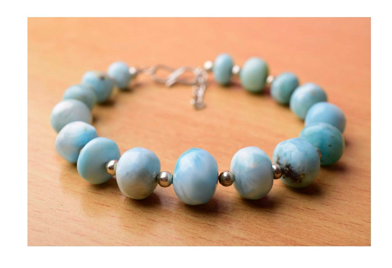 Natural Larimar Balls Bracelet In 925 Sterling Silver, Beaded Bracelet, Dainty Bracelet, Gemstone Bracelet, Blue Stone Bracelet, Gift Her Natural Larimar Balls Bracelet In 925 Sterling Silver, Beaded Bracelet, Dainty Bracelet, Gemstone Bracelet, Blue Stone Bracelet, Gift Her