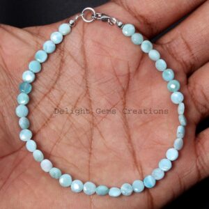 Natural Dominican Larimar Beaded Bracelet, 5mm Smooth Coin Bead Gemstone Bracelet, Dainty Beaded Jewelry Gift For Women