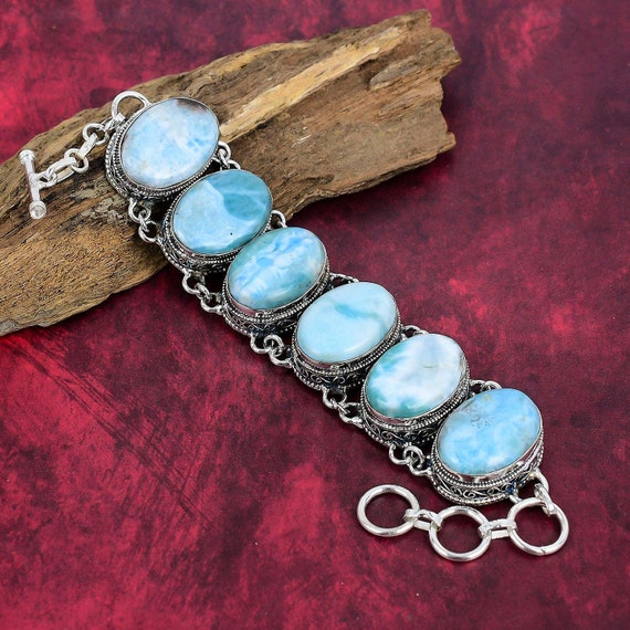 Natural Larimar Gemstone Bracelet, 925 Sterling Silver Jewelry, Natural Stone Bracelet, Handmade Jewelry, Adjustable Chain Bracelet For Her Natural Larimar Gemstone Bracelet, 925 Sterling Silver Jewelry, Natural Stone Bracelet, Handmade Jewelry, Adjustable Chain Bracelet For Her