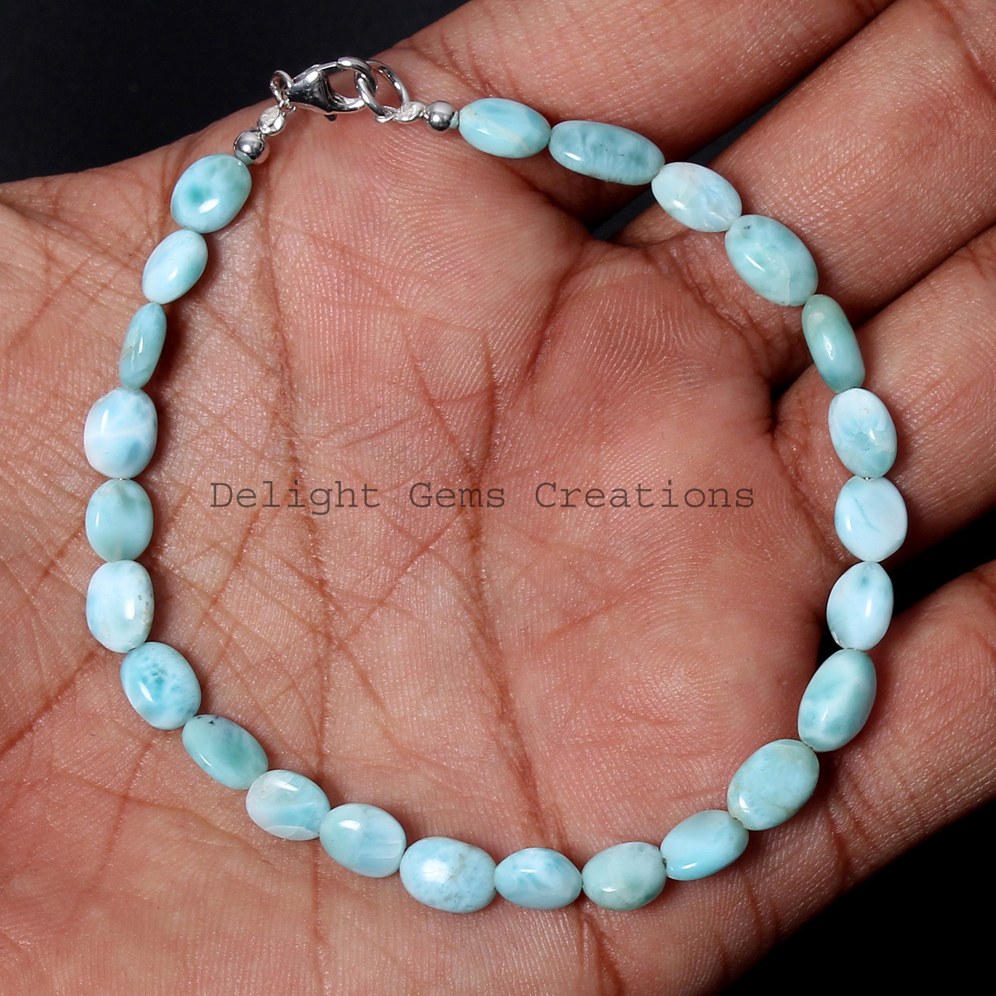 Oval Larimar Nugget Bracelet, Dominican Blue Gemstone, 8 Inch