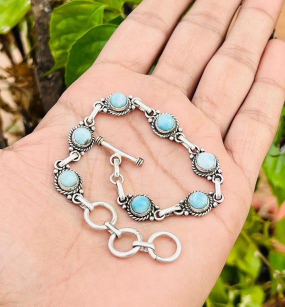 Round Larimar Bracelet, 925 Sterling Silver, Women Bracelet, Wedding Jewelry Round Larimar Bracelet, 925 Sterling Silver, Women Bracelet, Wedding Jewelry