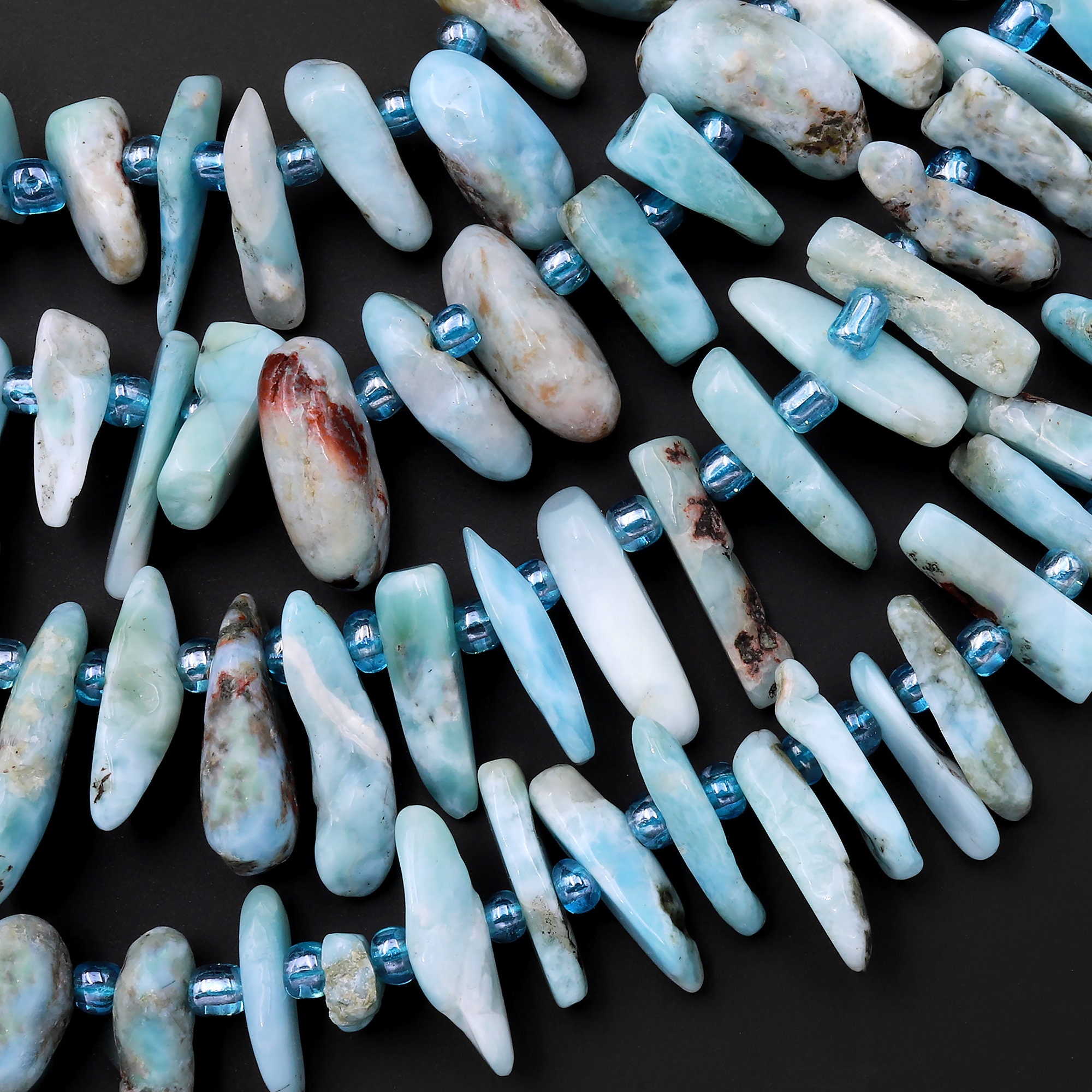 Natural Blue Larimar Beads Freeform Spike Top Dilled Freeform Chip Real Larimar Stone 15.5" Strand Natural Blue Larimar Beads Freeform Spike Top Dilled Freeform Chip Real Larimar Stone 15.5" Strand