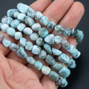 Natural Larimar Stretchy String Oval Bracelet Tumbled Larimar Natural Gemstone Bracelets - Gemstone Nugget Bracelets Handmade Jewelry