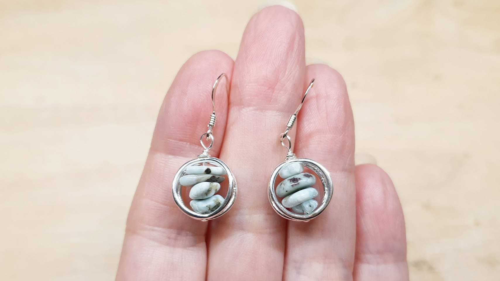 Minimalist Larimar Earrings, Sterling Silver Circle Wire Wrap Dangle Minimalist Larimar Earrings, Sterling Silver Circle Wire Wrap Dangle