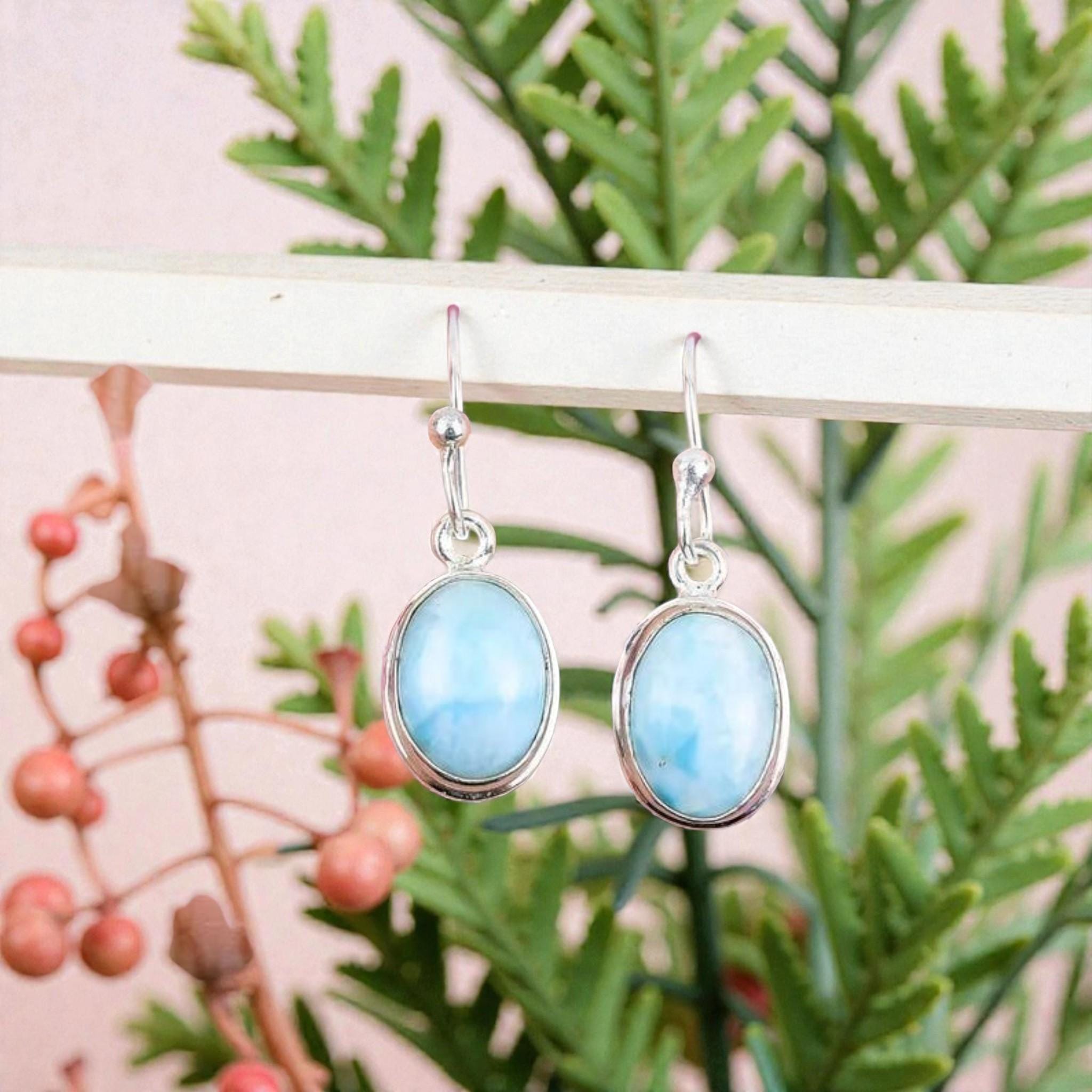 Blue Larimar Earrings, 925 Sterling Silver, Oval Boho Charms
