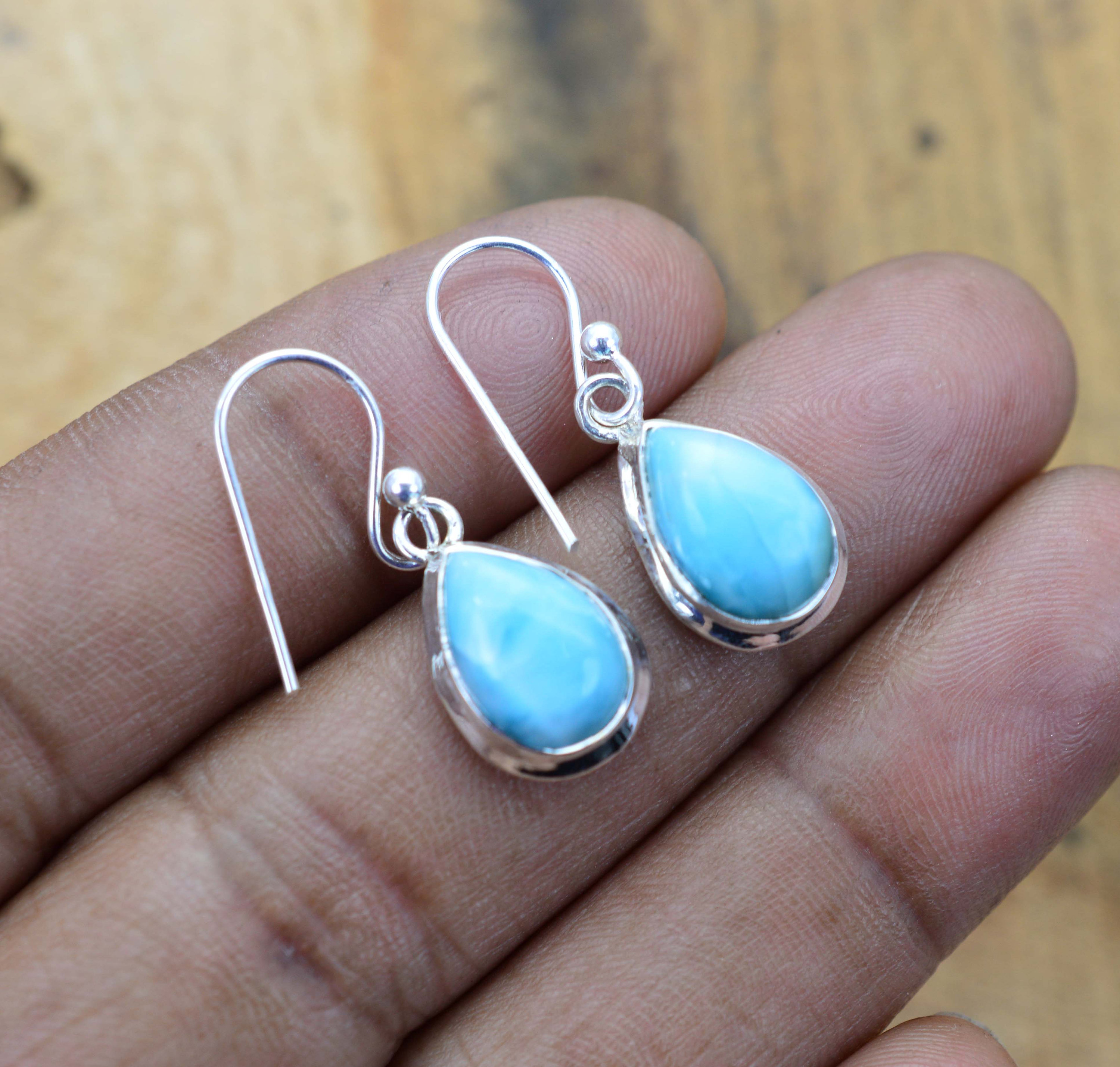 Blue Larimar 925 Sterling Silver Handmade Jewelry Hook Earring