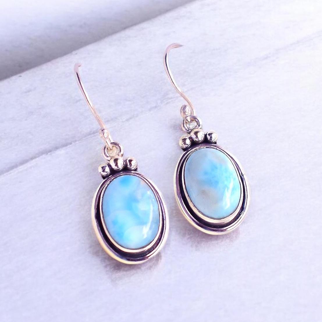 Blue Larimar Drop Earrings In 925 Sterling Silver | Handmade Gemstone Dangle Earrings | Boho Beach Jewelry Gift For Her