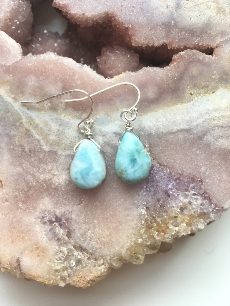 Dainty Larimar Teardrop Earrings: Sterling Silver, Ocean Jewelry