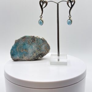 Larimar Drop Earrings Silver Heart Design Minimalist Blue Stone Dangle Earrings Ocean Inspired Jewelry