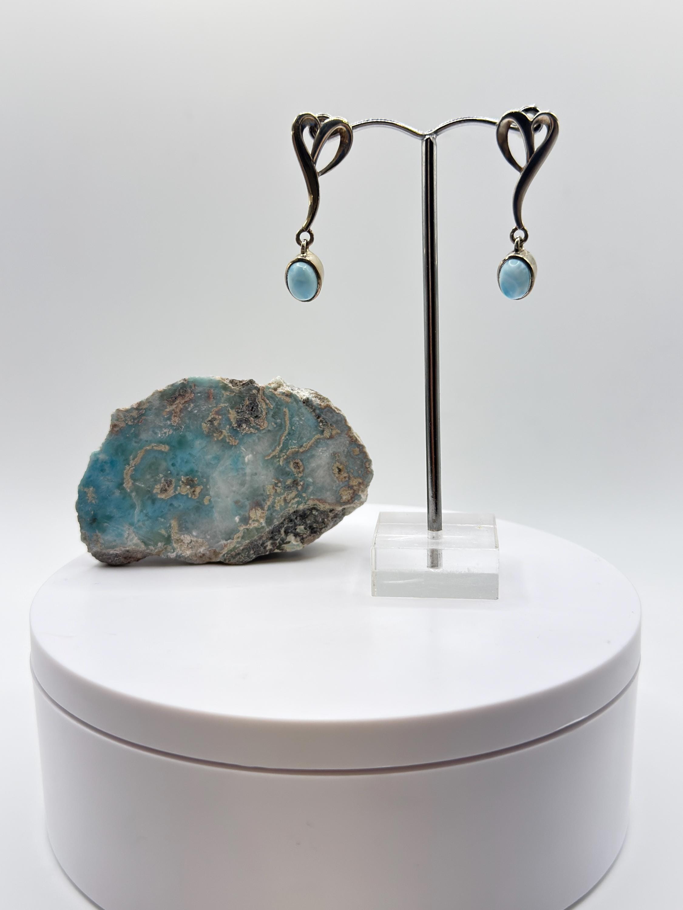 Larimar Drop Earrings Silver Heart Design Minimalist Blue Stone Dangle Earrings Ocean Inspired Jewelry