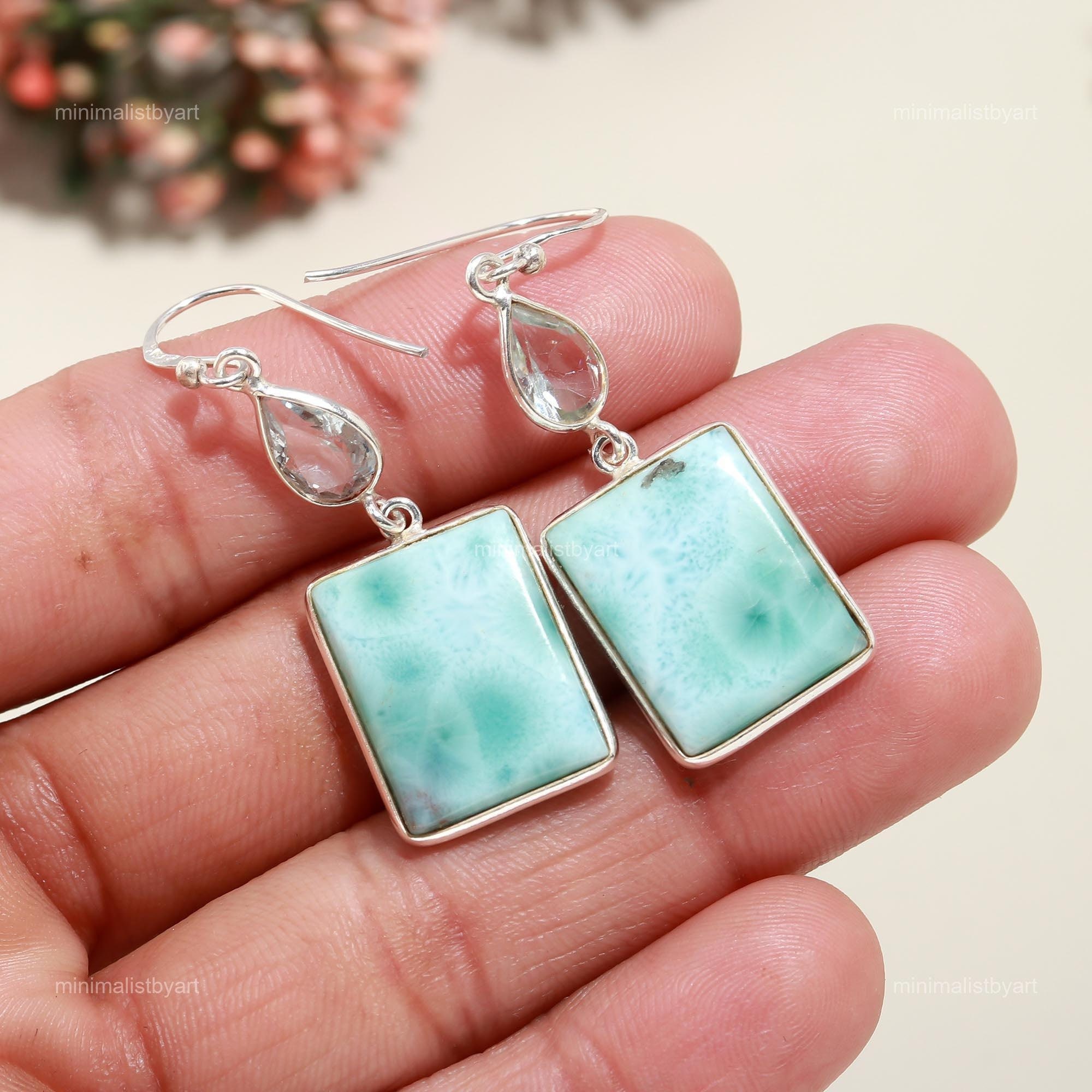Genuine Larimar Drop Earrings: 925 Sterling Silver Jewelry