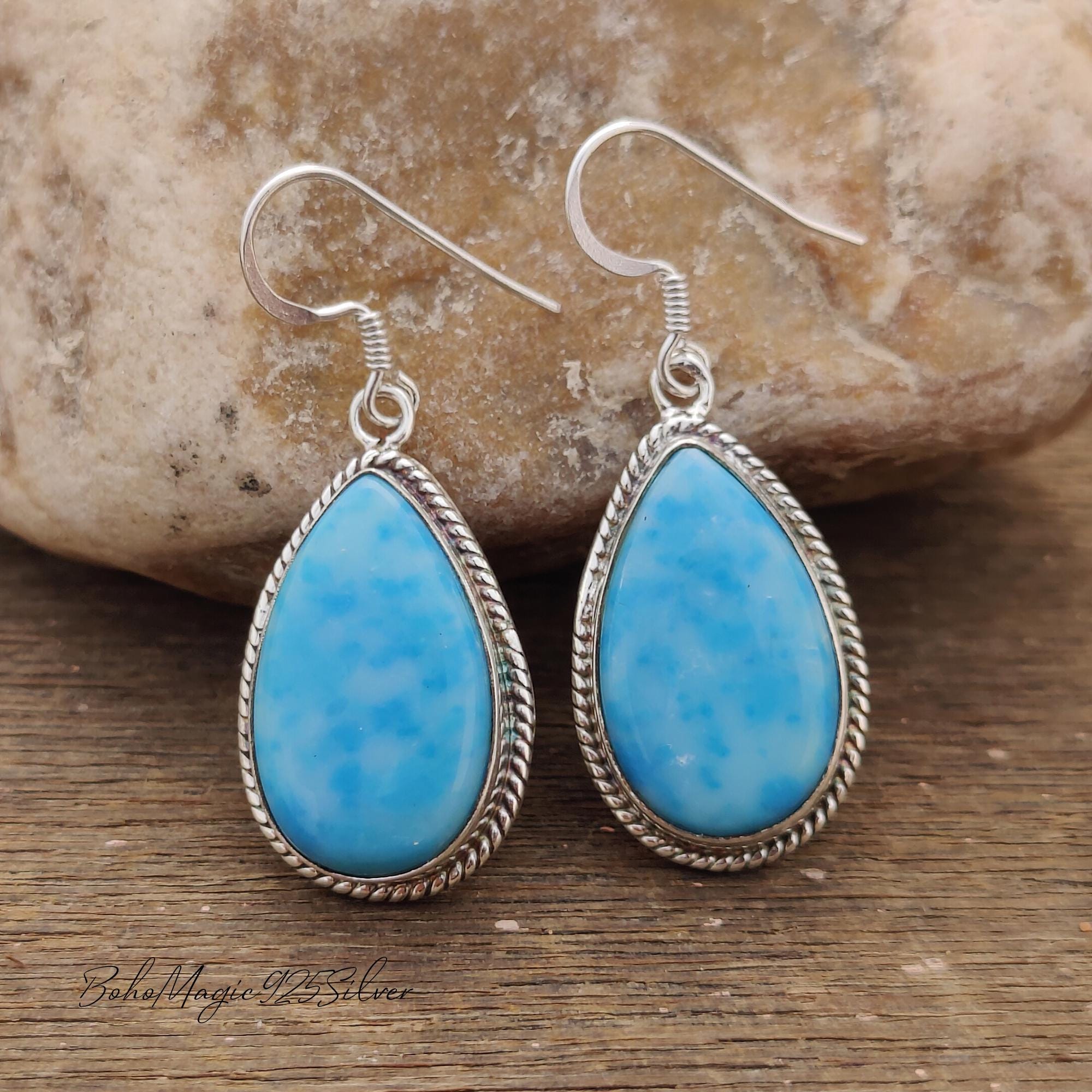 Handmade Larimar Gemstone Earrings: Sterling Silver Dangle Drop Design