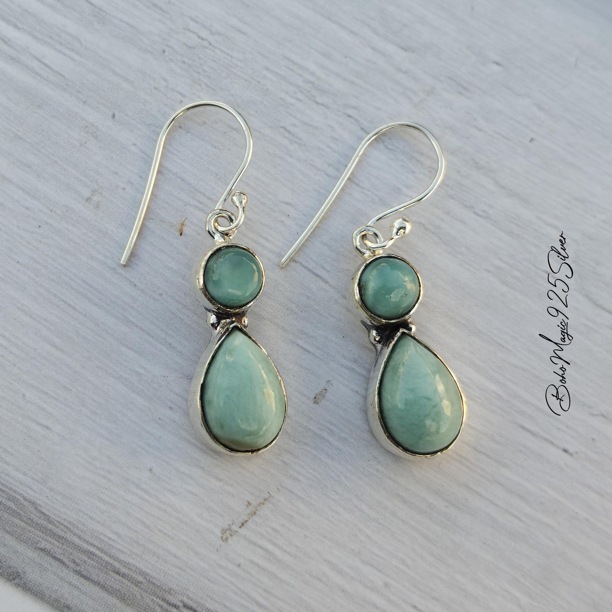 Handmade Larimar Gemstone Earrings: Sterling Silver Dangle Drop Jewelry