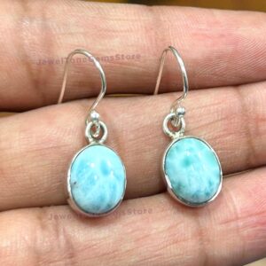 Handmade Larimar Earrings: Oval Cabochon, 925 Sterling Silver Handmade Larimar Earrings: Oval Cabochon, 925 Sterling Silver