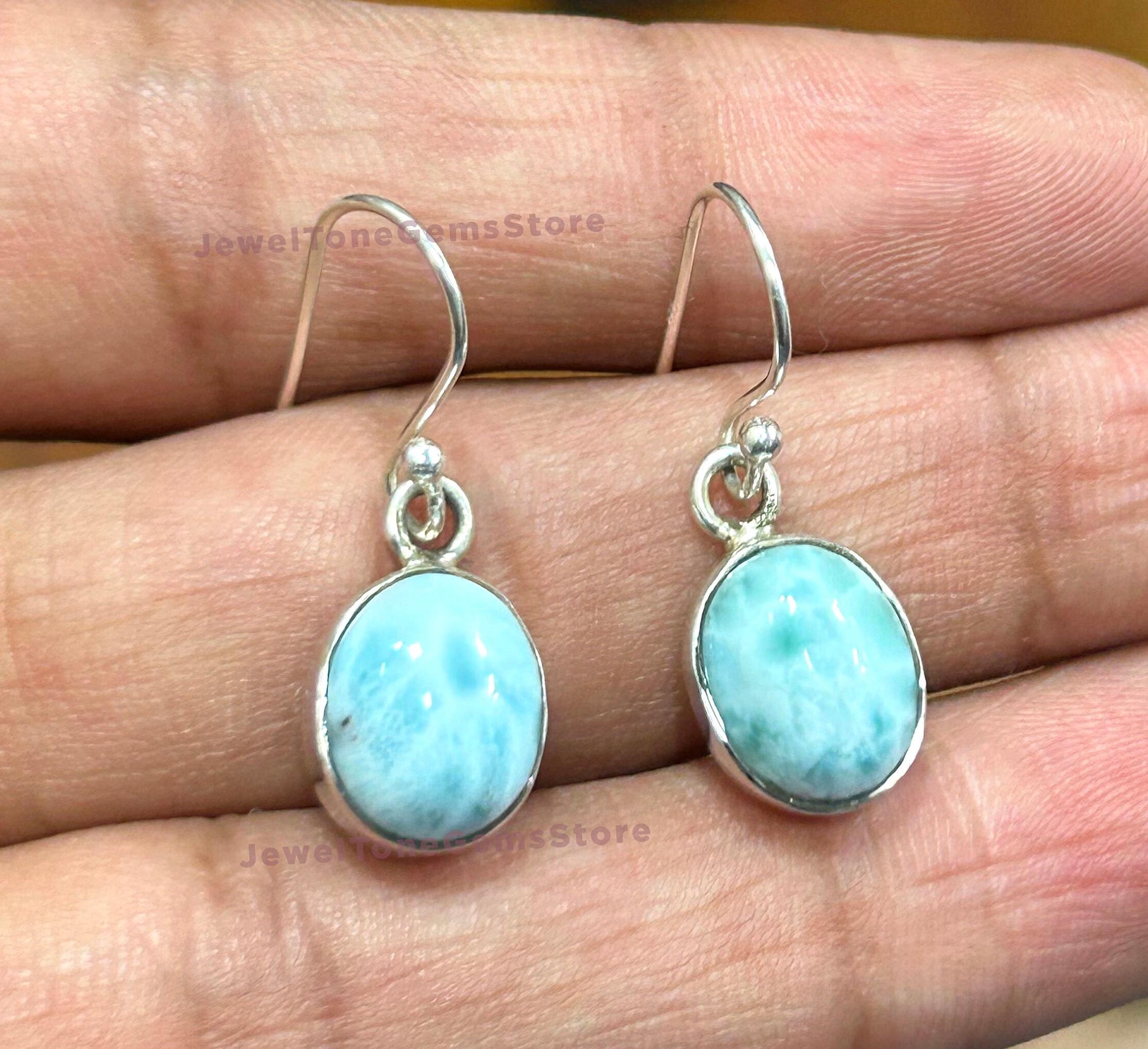 Handmade Larimar Earrings: Oval Cabochon, 925 Sterling Silver