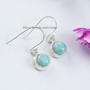 Handmade Round Larimar Earrings, 925 Sterling Silver, March Birthstone Handmade Round Larimar Earrings, 925 Sterling Silver, March Birthstone