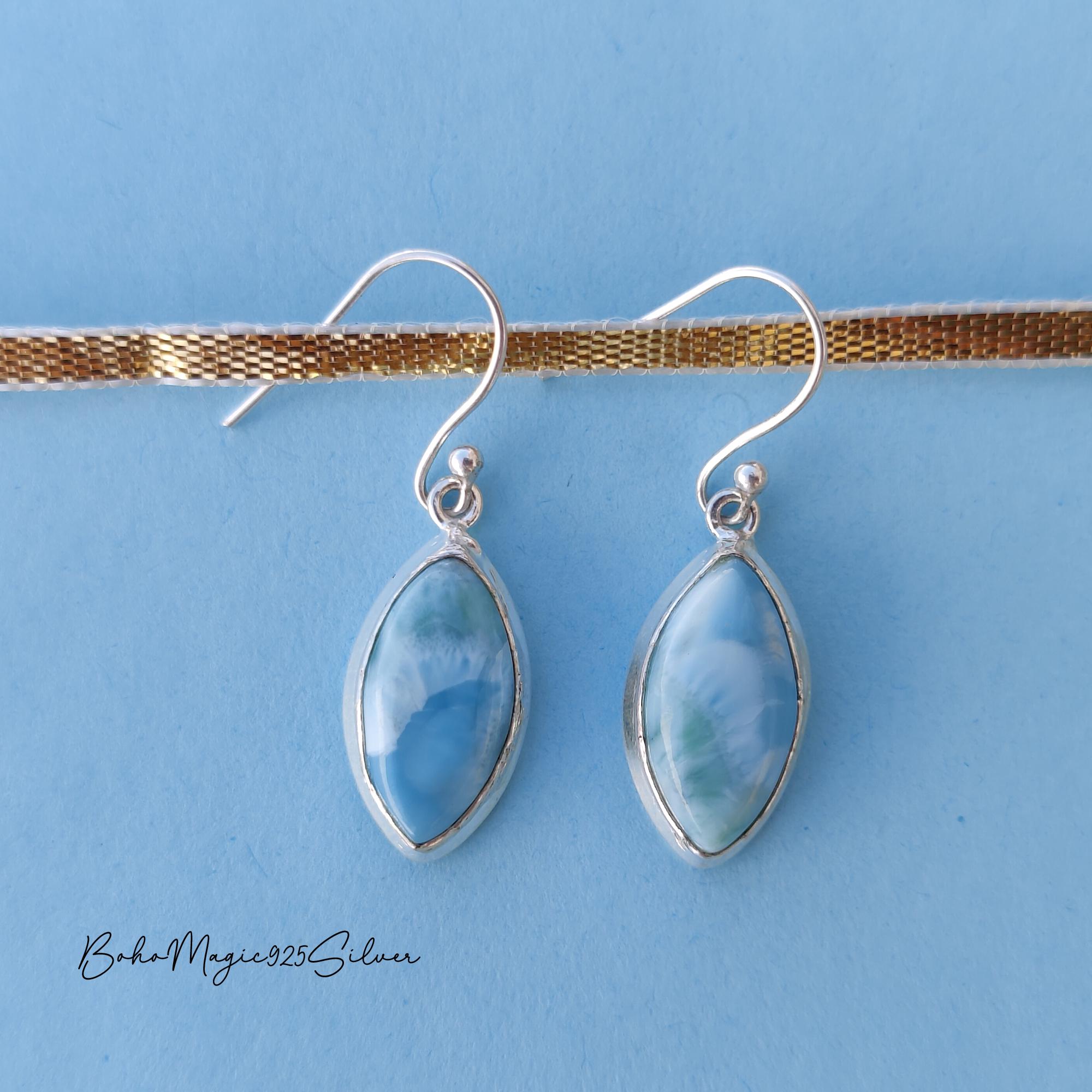 Marquise Larimar Earrings: Handmade Sterling Silver Dangle Jewelry