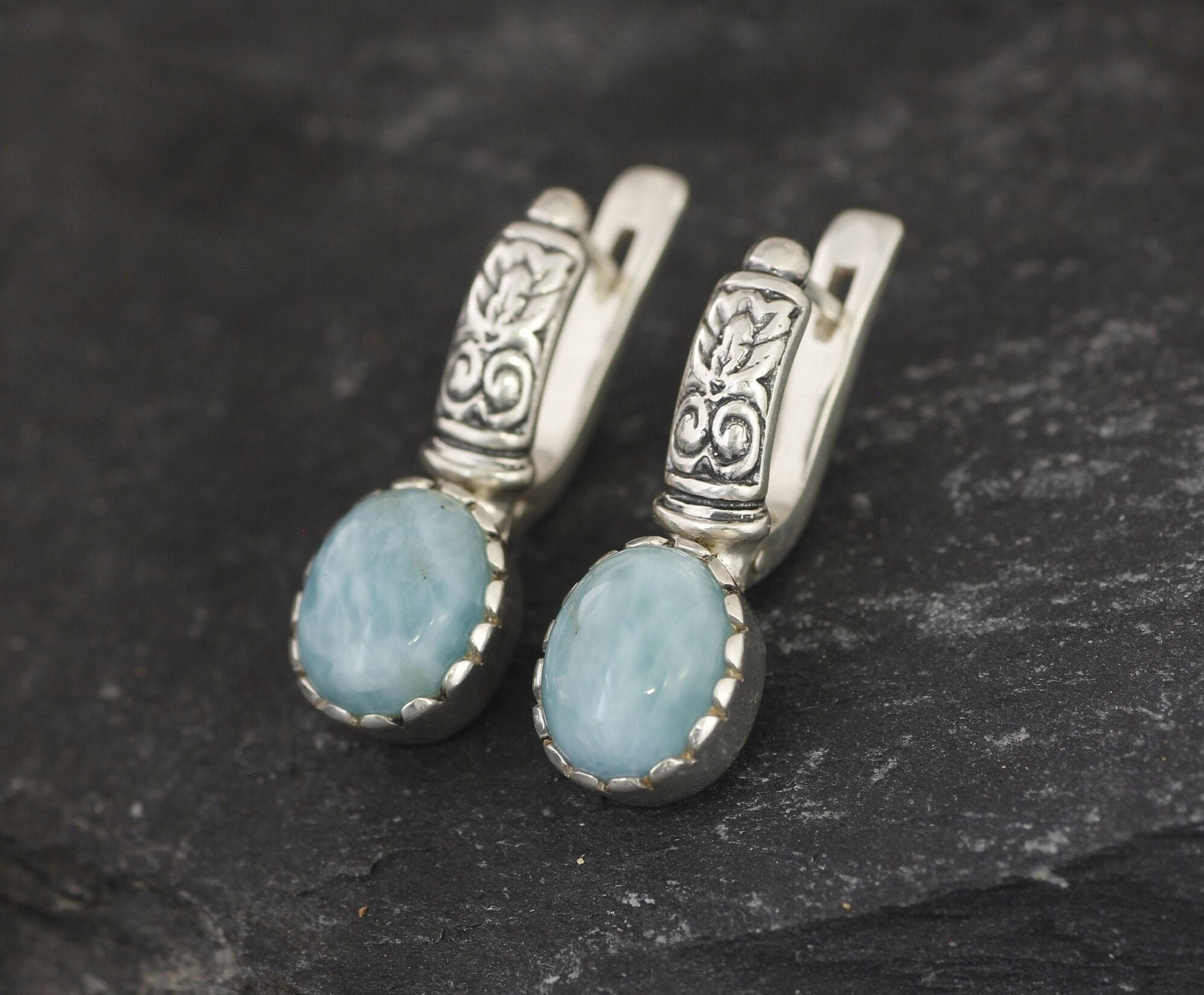 Larimar Earrings, Natural Larimar Earrings, Blue Tribal Earrings, March Birthstone, Silver Vintage Earrings, Jewel Of Atlantis, Adina Stone