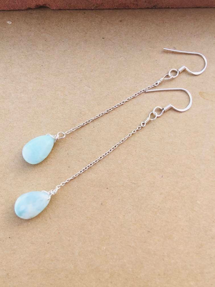 Natural Designer Larimar Earring In 925 Sterling Silver, Artisan Earrings, Silver Jewelry, Dainty Earring, Wire Wrap, Handmade, Gift For Her