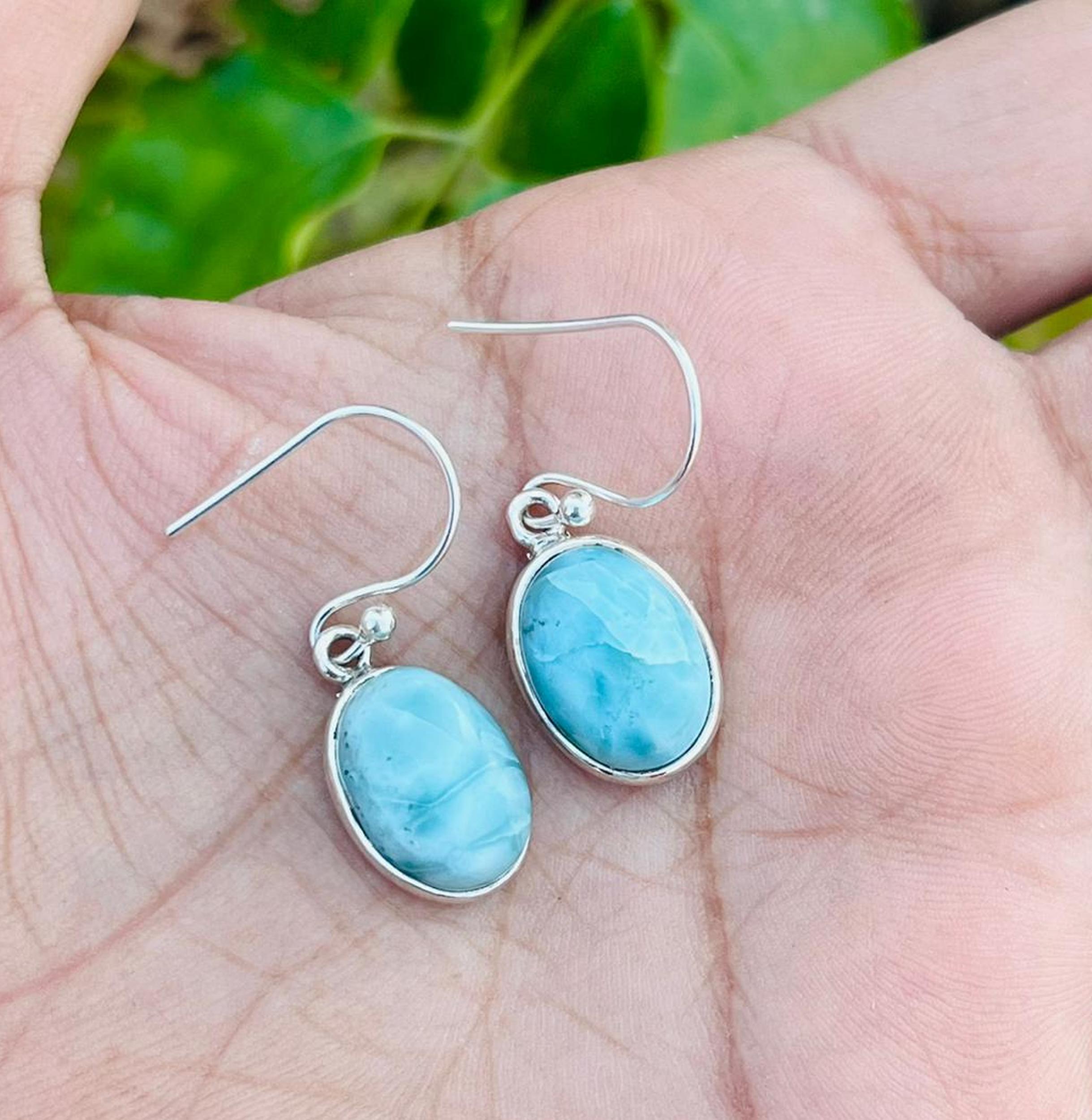 Natural Larimar Earrings, Solid 925 Sterling Silver, Handmade Earrings, Earlobe Jewelry