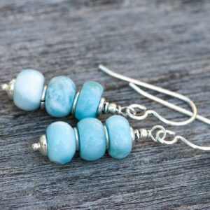 Pale Blue Larimar Earrings, Petite Cairn Stacked Larimar Natural Stone Dangles, Sterling Silver French Ear Wires