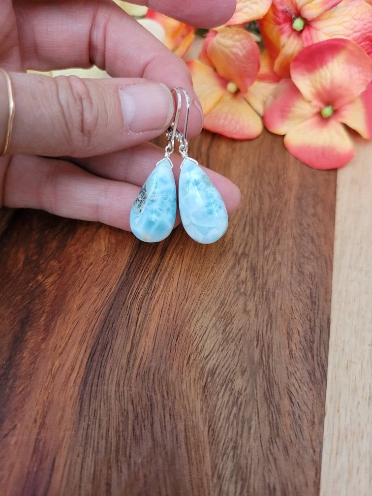 Perfectly Imperfect Larimar Earrings. Sterling Silver Gold Or Rose Gold Dangle Drop Earrings