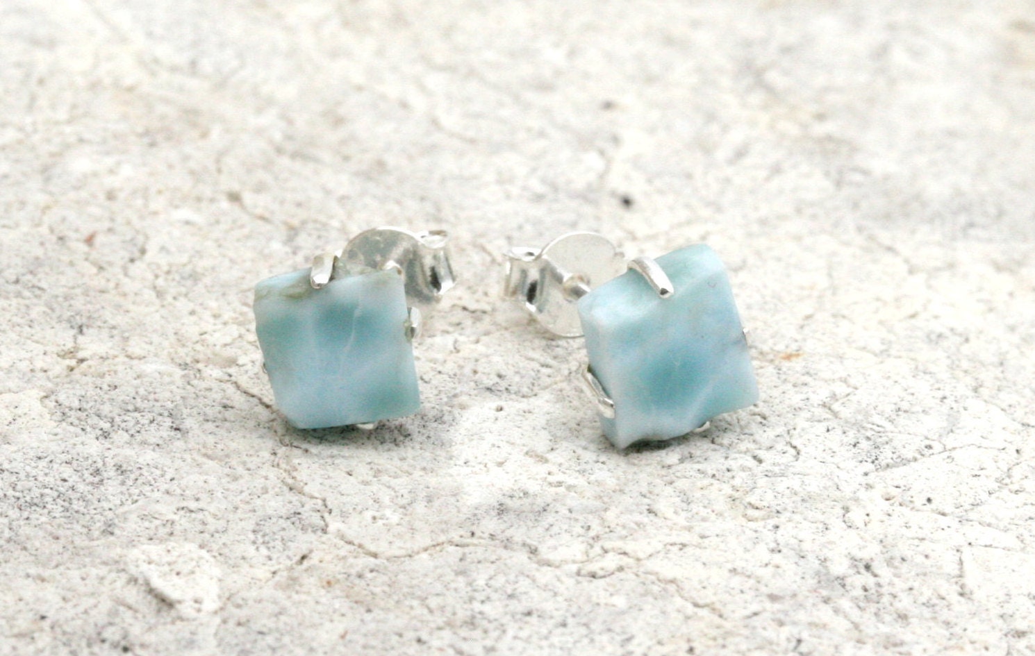 Raw Larimar Stud Earrings, Sterling Silver .925, Gift For Wife