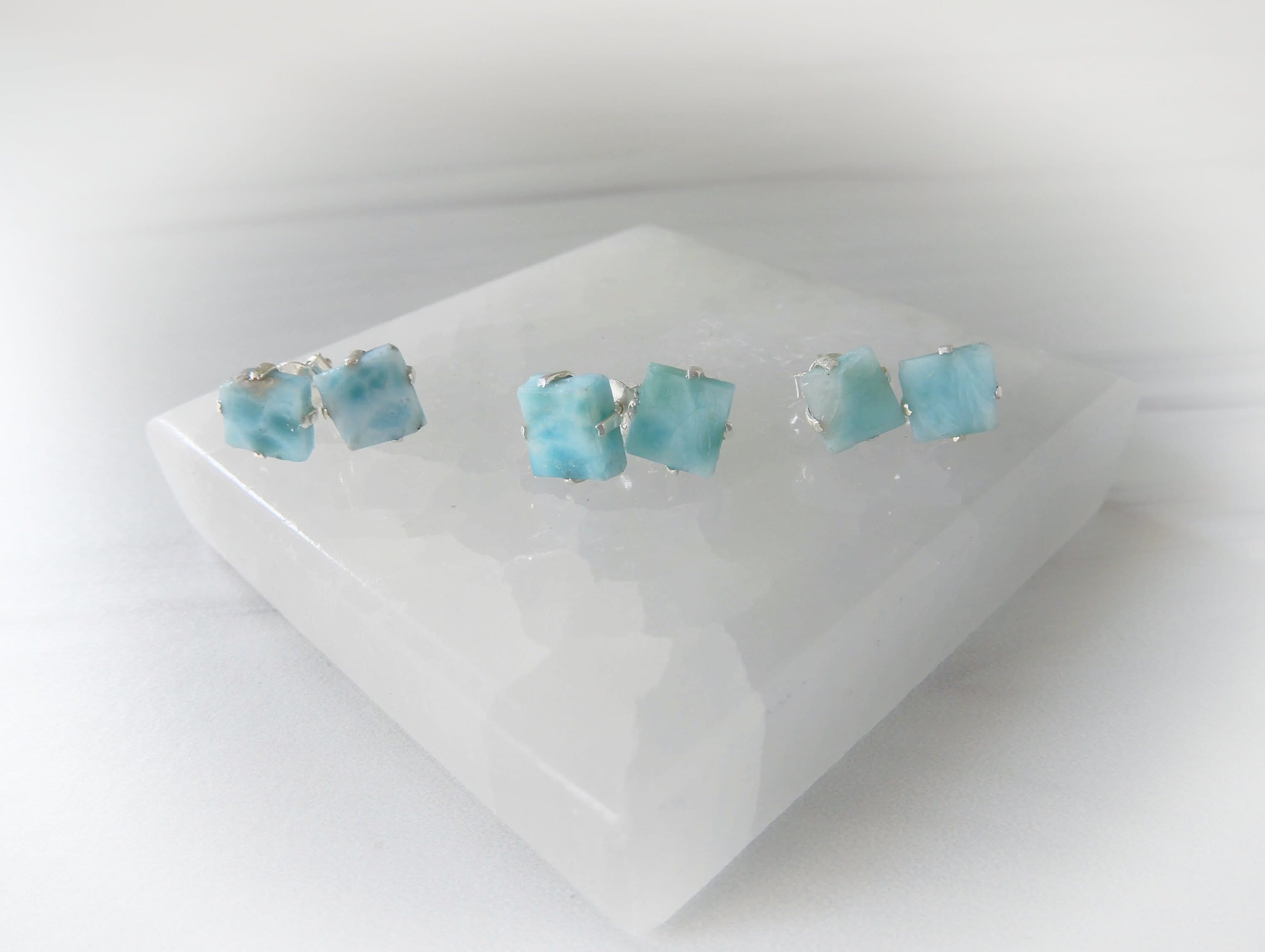 Larimar Earrings Sterling Silver • Gemstone Stud Earrings • Raw Larimar Earrings • Caribbean Larimar Earrings • Raw Crystal • Holiday Gift