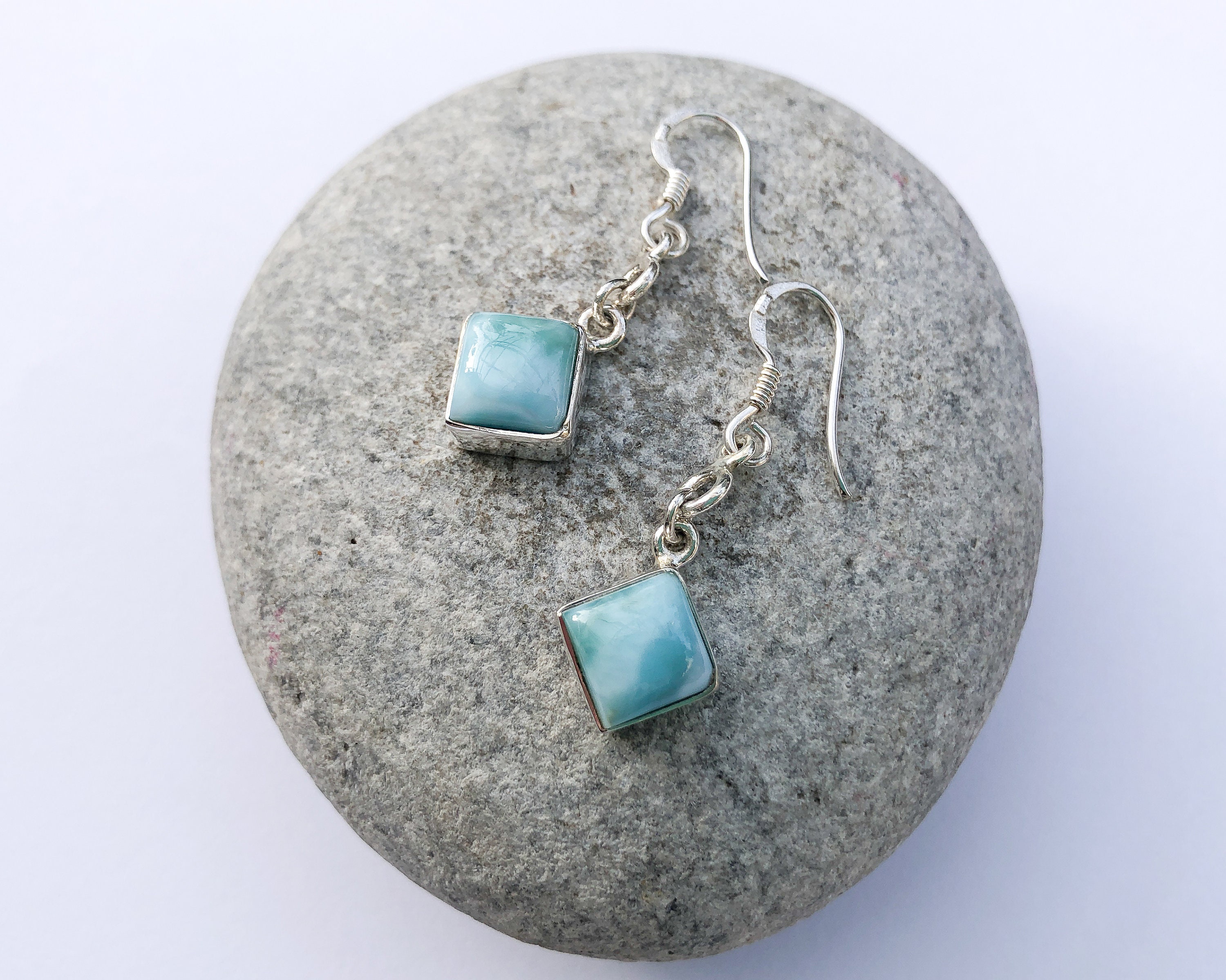 Sterling Silver Larimar Earrings, Square Shaped Natural Larimar Earrings, Sky Blue Gems, Larimar Jewelry, Dangle Larimar Earrings. For Her