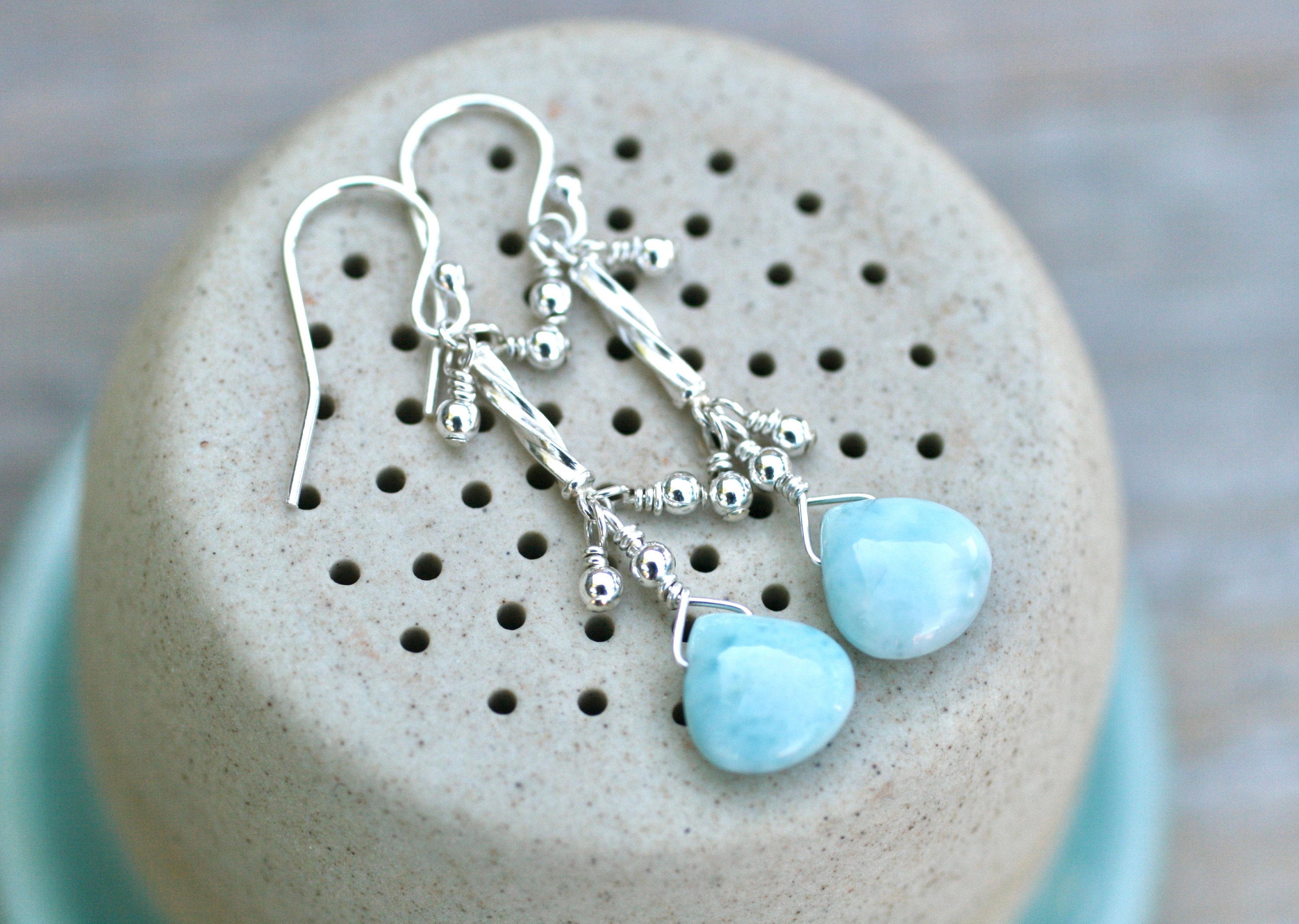 Larimar Teardrop Earrings, Sterling Silver, Sky Blue Gemstone