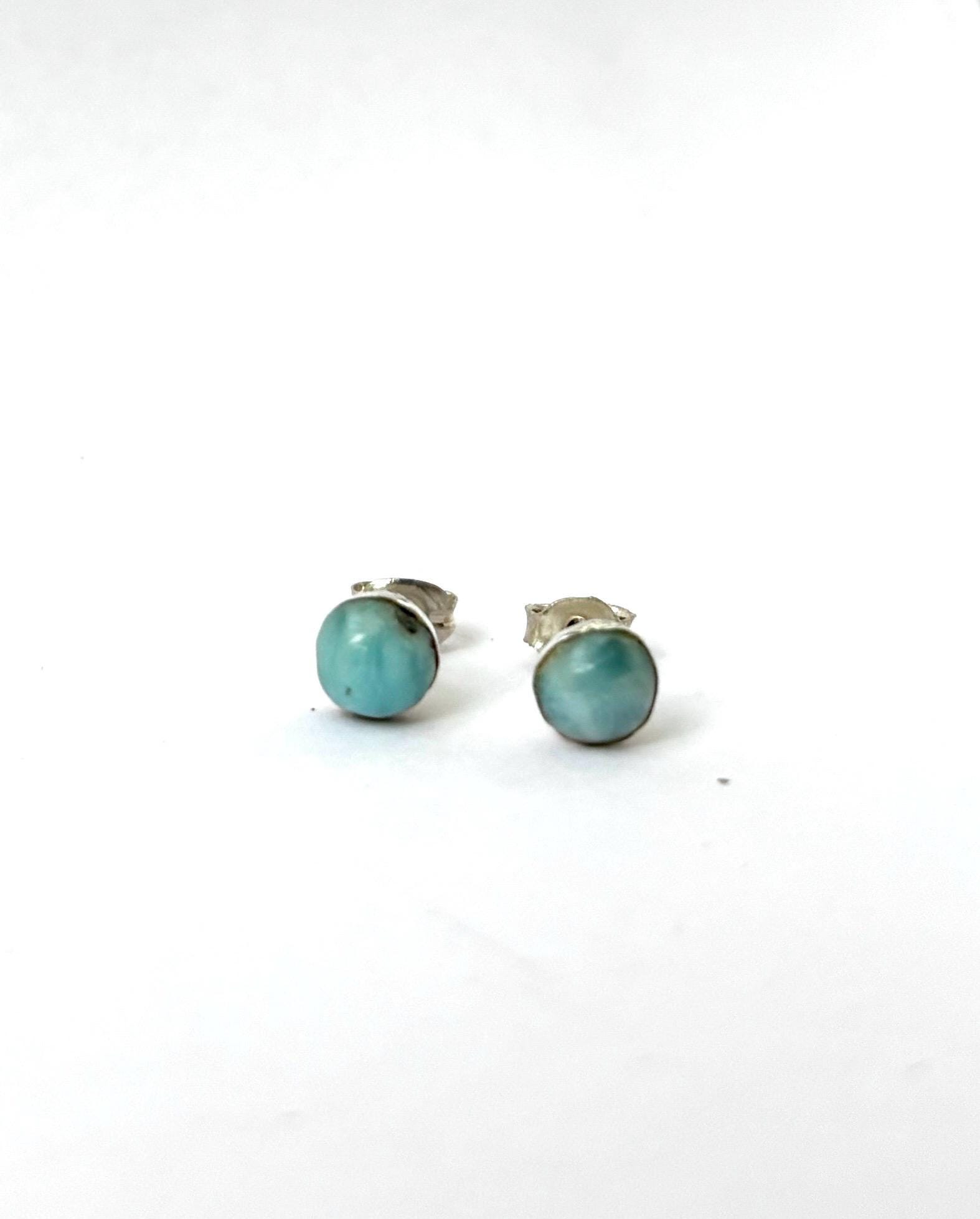 Tiny Larimar Sterling Silver Studs, Round Small Natural Larimar Studs, Blue Green, Button Earrings, Round Gem Studs, Dominican Stone, 5mm