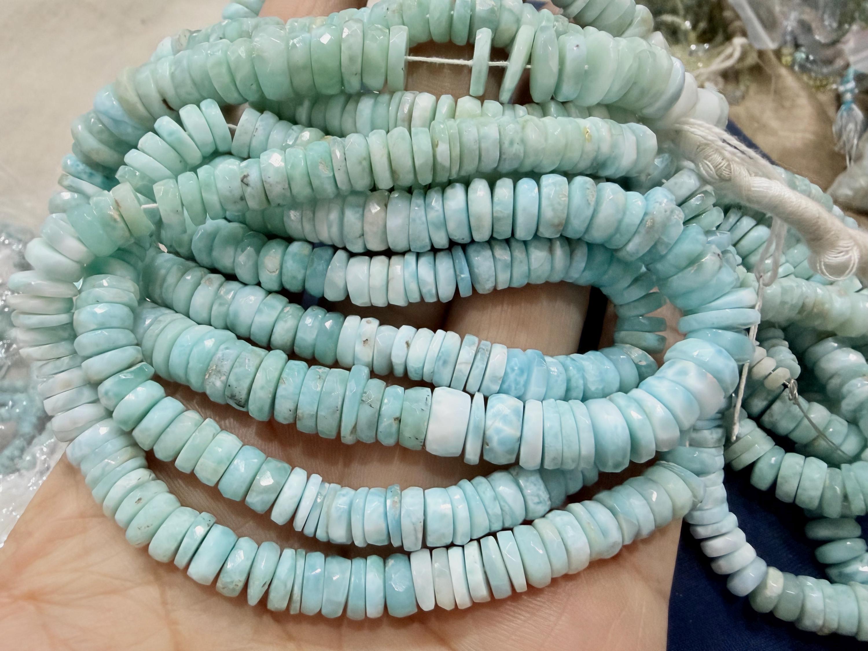 7 Inch Strand,superb-finest Quality,natural Larimar Faceted Button Shape Beads,size 7-8mm