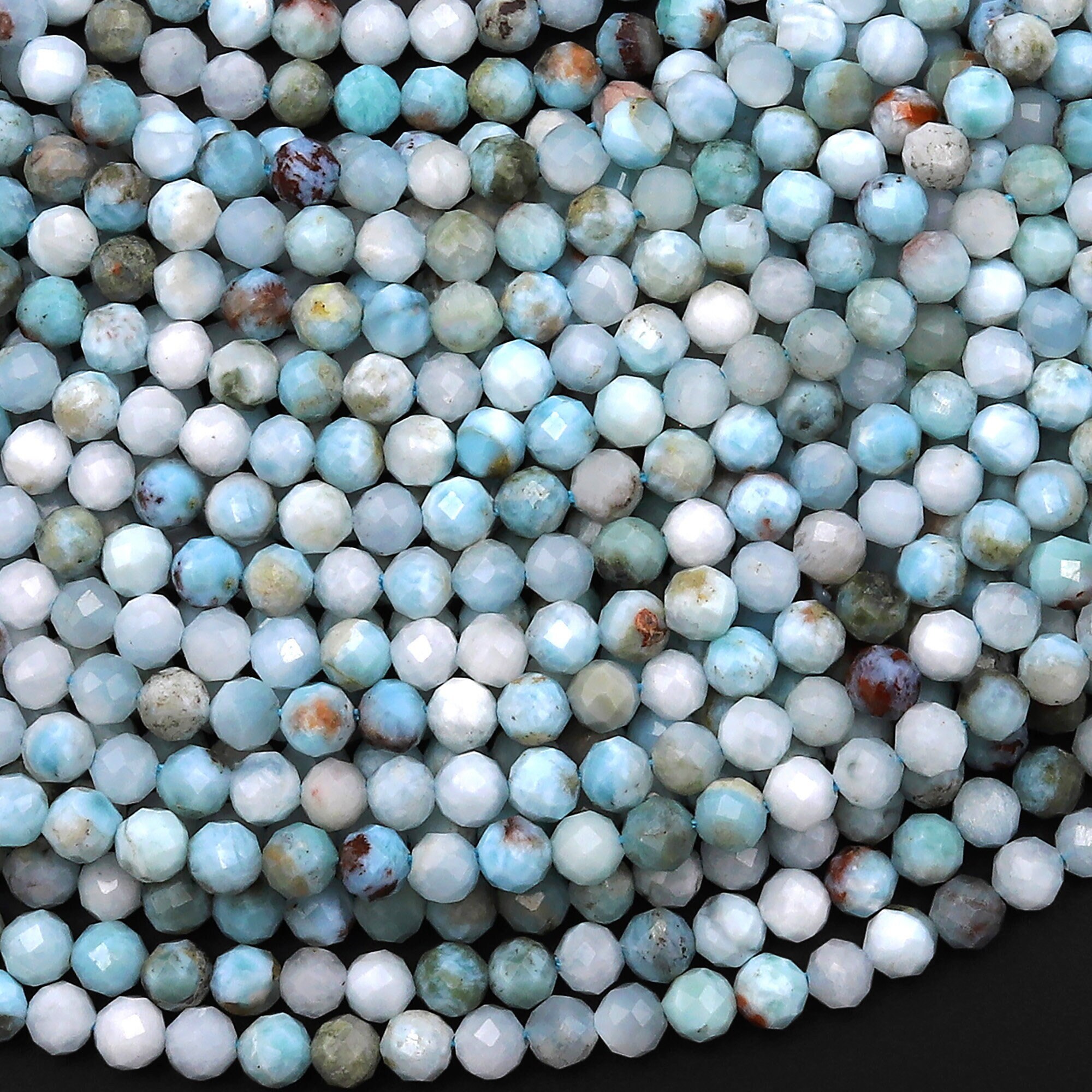 Genuine Natural Blue Larimar Beads Faceted 4mm Round Beads W Red Iron Matrix 15.5" Strand Genuine Natural Blue Larimar Beads Faceted 4mm Round Beads W Red Iron Matrix 15.5" Strand