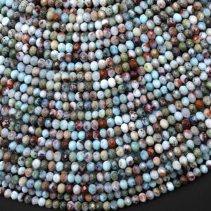 Faceted Natural Blue Larimar W/ Red Iron Matrix 3mm Beads Rondelle Gemstone 15.5" Strand