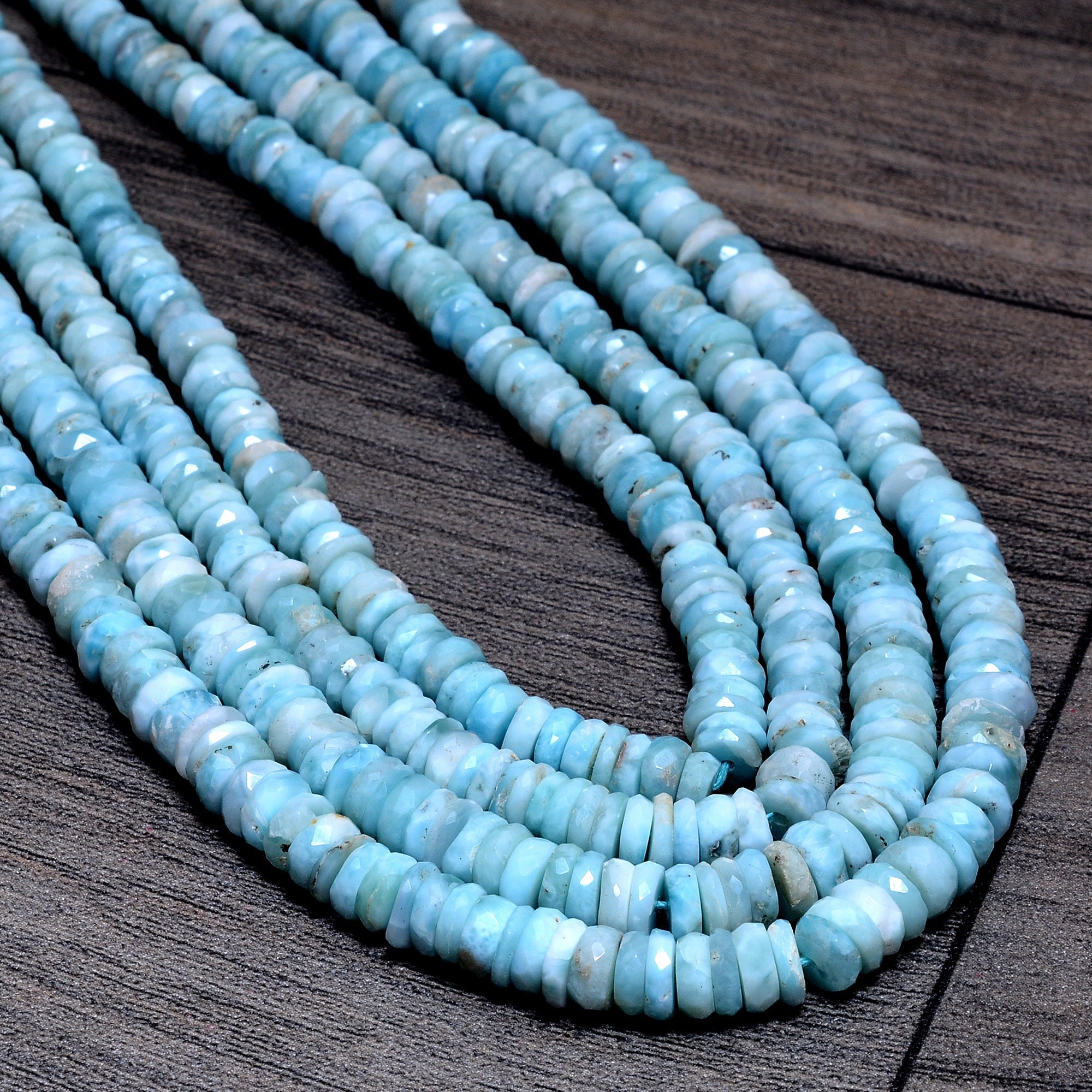 Natural Larimar Gemstone 6mm Heishi Faceted Beads | 13" Strand | Dominican Larimar Semi Precious Gemstone Loose Wheel / Tyre Rondelle Beads
