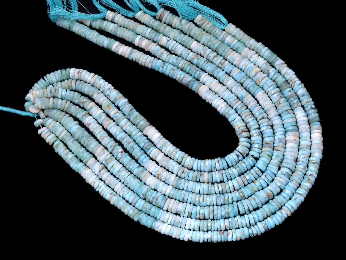 Natural Larimar Heishi 6mm-7mm Faceted Beads | 13inch Full Strand | Multi Larimar Semi Precious Gemstone Loose Wheel / Tyre Rondelle Beads