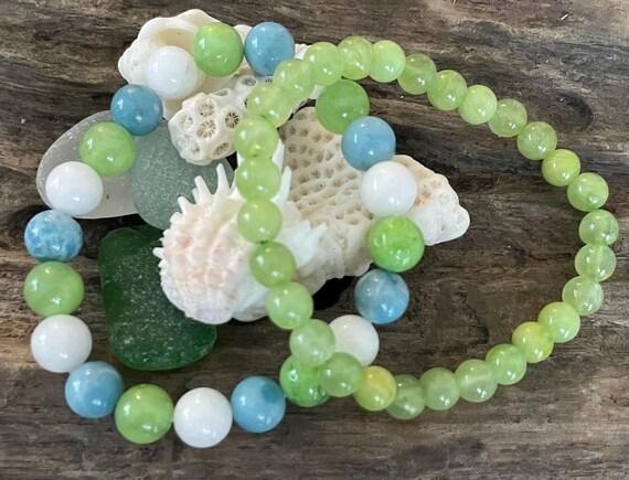 Larimar & Green Calcite Bracelet Duo: Stress Relief Gemstones