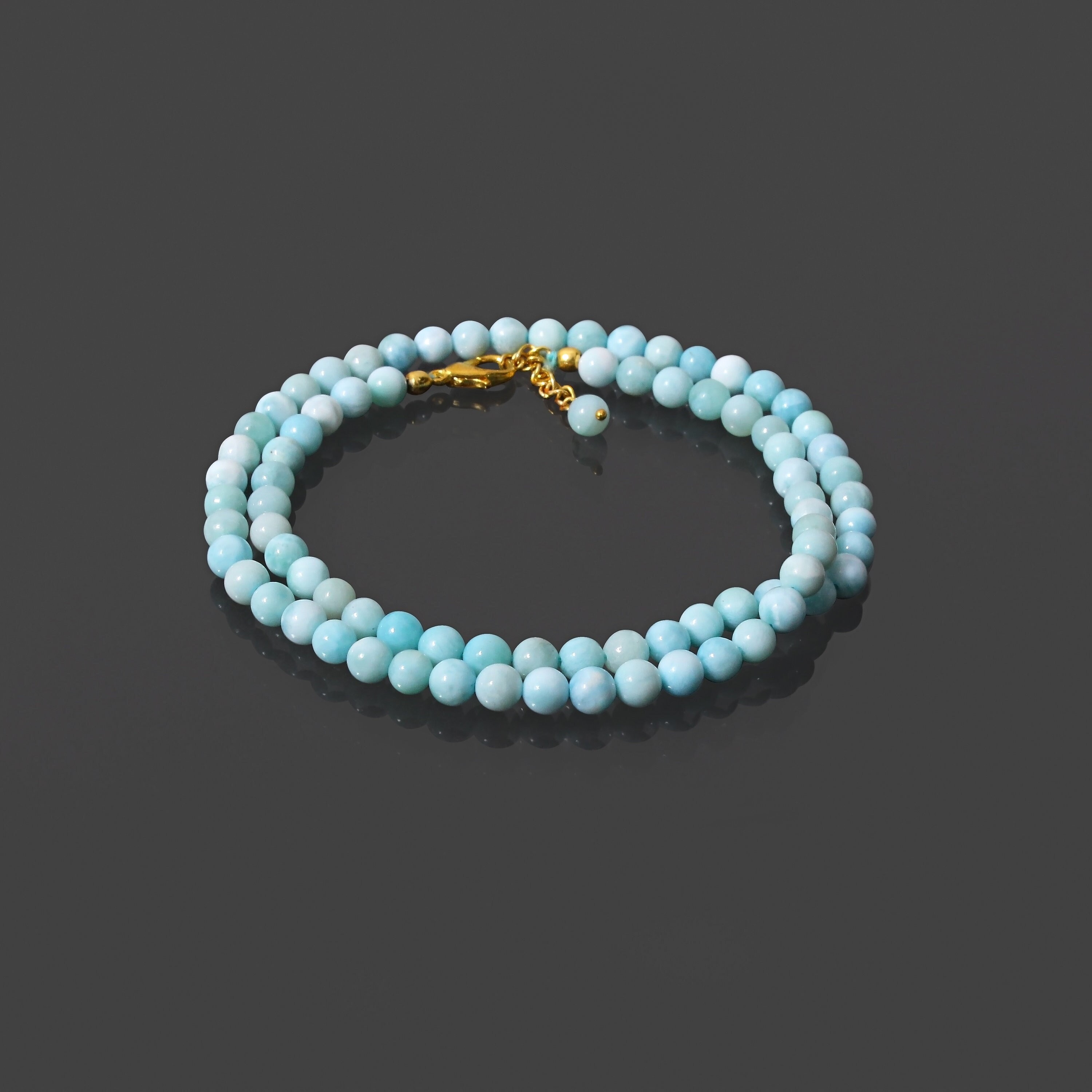 5mm Larimar Beaded Necklace, Gold Plated Silver Clasp