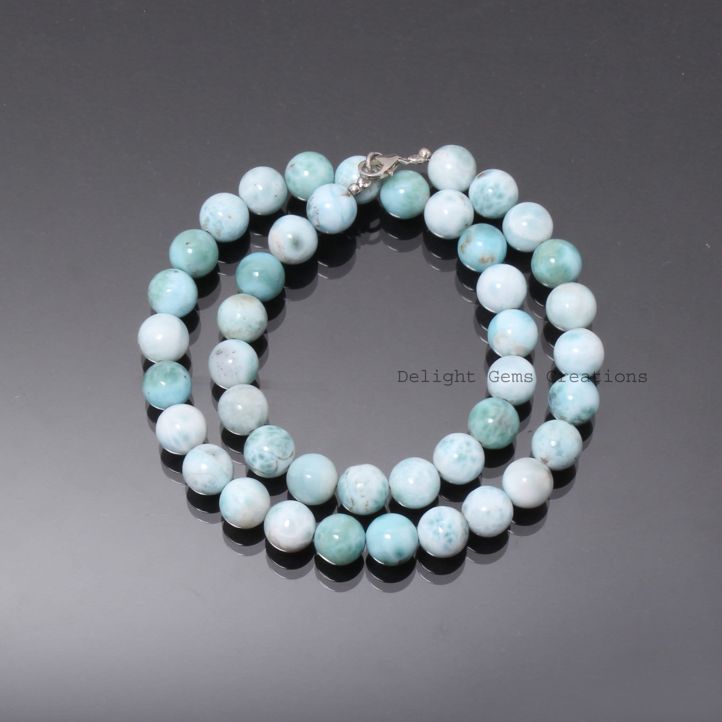 Larimar Big Round Beads Necklace - Natural Dominican Republic Larimar Jewelry - 10mm Smooth Round Beads Handmade Jewelry