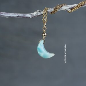 Genuine Larimar Moon Necklace: 14K Gold Filled Caribbean Stone Choker